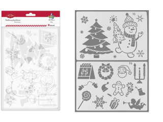 Szablony plastikowe 260x178mm 2szt. ba�wanek z choink�, choinka / wieniec, kartka z kalendarza 25, g�owa Miko�aja, ciastek, lizak, prezent, archanio�,