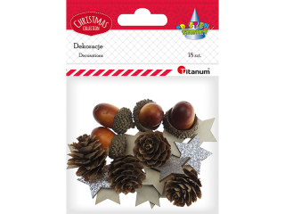 Szyszki 4szt., żołędzie 4szt. mix rozmiarów, gwiazdki drewniane 30x27mm jednostronie brokatowo-srebrne 10szt. 18szt.