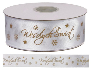 Wstążka satynowa z nadrukiem ?Wesołych Świąt? 25mm 25 yardów biała złoty nadruk