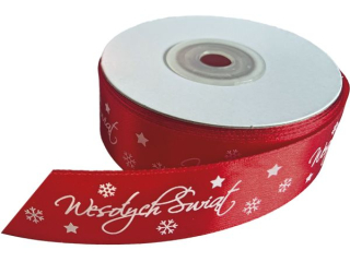 Wstążka satynowa z nadrukiem ?Wesołych Świąt? 25mm 25 yardów czerwona biały nadruk
