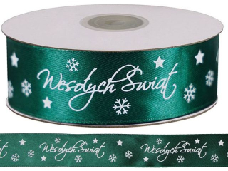 Wstążka satynowa z nadrukiem ?Wesołych Świąt? 25mm 25 yardów zielona biały nadruk