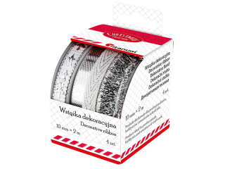 Wstążki tekstylne 10mm 2m 4 wzory: srebrne - foliowa, błyszcząca, biało-srebrne - rypsowa w igły choinkowe, rypsowa w choinki i gwiazdki 4szt. pudełko