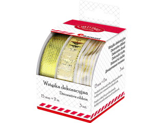 Wstążki tekstylne 15mm 2m 3 wzory: złote - błyszcząca, w choinki, biało-złota w paski 3szt. pudełko jest podajnikiem do wstążek jedna wspólna szpulka