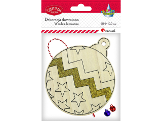 Zawieszka drewniana bombka 104x126mm ze z�otym brokatowym zygzakiem, dzwonczki bombki 2 szt., sznurek bia�o-czerwony 1szt.