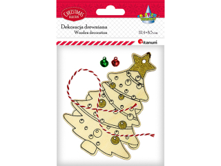 Zawieszka drewniana choinka 90x131mm z�ota brokatowa gwiazda i bombki ze sznurkiem bia�o-czerwonym z 2 dzwoneczkami 1szt.