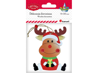 Zawieszka drewniana renifer siedz�cy 72x98mm na sznureczku z drewnianym koralikiem O10mm 1szt.