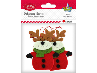 Zawieszki filcowe 3D renifery 75x90mm w czerwonym p�aszczu z zielonym szalikiem 2szt.