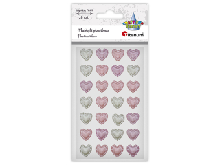 Naklejki plastikowe serca 14x14mm białe, bladoróżowe, liliowe 28szt. TITWAL