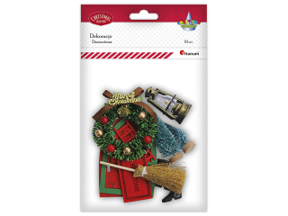 Drewniana dekoracja wejcie dla Elfw 15 elementw drzwi 66x100mm, miota 100mm, drabina 20x60mm, okno 31x46mm, wycieraczka 35x54mm, wianek 75mm, choi