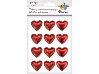 Dekoracje samoprzylepne materiaowe serca PU 32x30mm 3 wzory: drobny brokat, duy brokat, gadkie czerwone 12szt.
