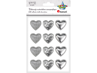 Dekoracje samoprzylepne materiałowe serca PU 32x30mm 3 wzory: drobny brokat, duży brokat, gładkie srebrne 12szt.