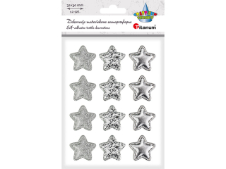 Dekoracje samoprzylepne materiaowe gwiazdki PU 32x30mm 3 wzory: drobny brokat, duy brokat, gadkie srebrne 12szt.
