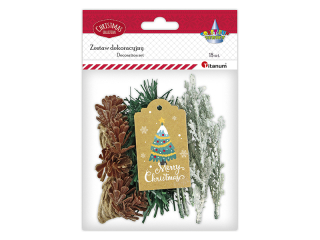 Zestaw do dekoracji prezentu: girlanda plastikowa dugo 45cm, gazki ywotnika onieone 6szt., szyszki plastikowe 25x32mm 5szt., sznurek jutowy ok