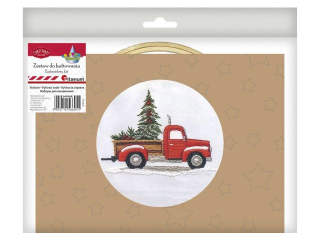 Zestaw do haftowania czerwony pick-up z choink biaa tkanina z nadrukowanym wzorem O tamborka 15mm (robocza) zestaw mulin, 3 igy, instrukcja