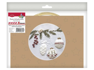 Zestaw do haftowania gazka jody z bombkami biaa tkanina z nadrukowanym wzorem O tamborka 15mm (robocza) zestaw mulin, 3 igy, instrukcja