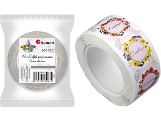 Naklejki papierowe na taśmie 8 wzorów kwiatowych z napisem ?Dziękuję? O25mm 500szt. szerokość taśmy 28mm