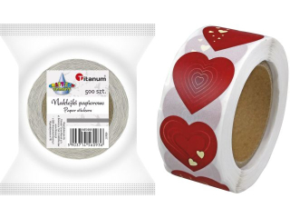 Naklejki papierowe na tamie 4 wzory serca czerwone 25x25mm 500szt. szeroko tamy 28mm