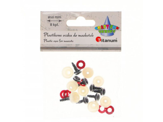 Oczy do maskotek plastikowe O10mm z mocowaniem za pomoc zapinki brokatowe czerwone 8kpl.