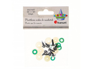 Oczy do maskotek plastikowe O10mm z mocowaniem za pomoc zapinki brokatowe zielone 8kpl.