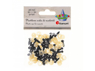 Oczy do maskotek plastikowe O6mm z mocowaniem za pomoc zapinki czarne 50kpl.
