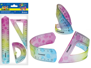 Komplet geometryczny 3 elementy z ozdobnym, t�czowym nadrukiem, elastyczny zawiera: linijk� 20cm, ekierk� 12cm, k�tomierz