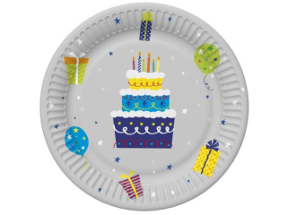 Talerzyki papierowe POL-MAK Daisy 18cm 8szt. Bday Cake with Gifts and Garlands [opakowanie=12szt]