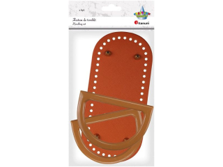 Zestaw do torebki: 1x spód - 22x10, 2cm, 2x rączki - 12x8, 5cm 1 kpl. brązowy, złote pukle grubość dna: 3, 5mm, wysokość pukli: 6mm, otwory na sznurek