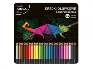 KREDKI TRÓJKĄTNE W METALOWYM PUDEŁKU 24 KOLORY KIDEA