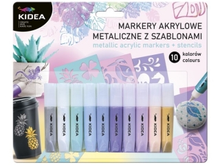 MARKERY AKRYLOWE METALICZNE 10 KOLORÓW Z SZABLONAMI KIDEA