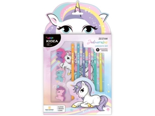 ZESTAW OŁÓWEK, KREDKI I GUMKI 9 ELEMENTÓW UNICORN KIDEA