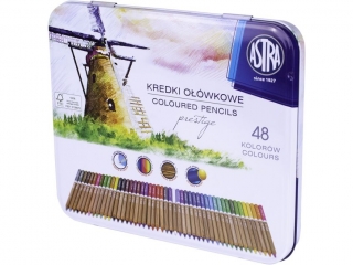 Kredki owkowe z drewna cedrowego okrge w metalowym pudeku ASTRA PRESTIGE - 48 kolorw [opakowanie=3szt]