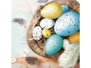 Serwetki POL-MAK Daisy Lunch 33cm 20szt. Easter Eggs with Feathers on Blue SD_WL_011201 [opakowanie=24szt]