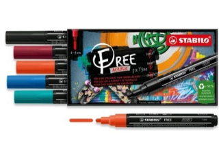 Marker STABILO Free Acrylic T300 Urban Set etui kartonowe 5 szt. (zieleń turkusowa, ciemnoniebieski, jasnoczerwony, purpurowy, czarny) [opakowanie=5sz