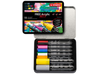 Marker STABILO Free Acrylic Starter Kit pudełko metalowe 11 szt. (różne kolory i grubości)