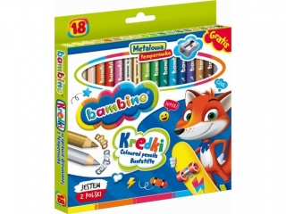 Kredki BAMBINO w oprawie drewnianej 18 kolorw + temperwka ZWIERZAKI UCZNIAKI [opakowanie=8szt]