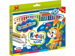 Kredki BAMBINO w oprawie drewnianej 24 kolory + temperwka ZWIERZAKI UCZNIAKI [opakowanie=4szt]